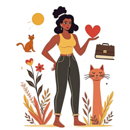 artwoman cat SVG PNG design with black and orange floral elements