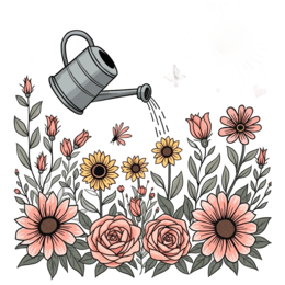 flower watering SVG PNG design with hand-drawn style, red floral elements