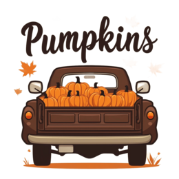 autumn pumpkins truck SVG PNG design with bold lettering, orange floral elements