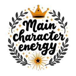 main character energy quote SVG PNG design with bold lettering, black and white floral elements, an uplifting message