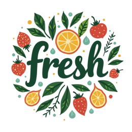 fresh fruits SVG PNG design with bold lettering, orange and green floral elements