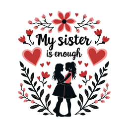 sister silhouette heart floral SVG PNG design with bold lettering, black and pink floral elements