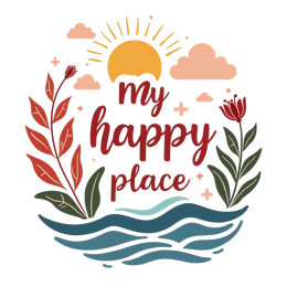happy place sunrise SVG PNG design with bold lettering, orange and red floral elements