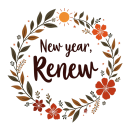 newyear renew floral SVG PNG design with hand-drawn style, bold lettering, orange and red floral elements