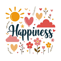 happiness flowers SVG PNG design with bold lettering, orange and pink floral elements, an uplifting message