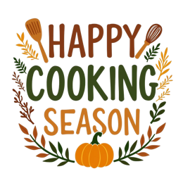 happy cooking season SVG PNG design with bold lettering, orange and green floral elements