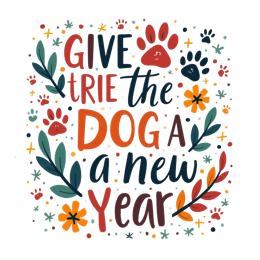 newyear dog SVG PNG design with bold lettering, white and orange floral elements
