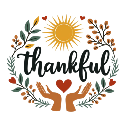 thankful sun hands SVG PNG design with hand-drawn style, bold lettering, orange and red floral elements