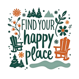 happy place forest chairs SVG PNG design with bold lettering, white and orange floral elements
