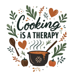 cooking therapy SVG PNG design with bold lettering, red and green floral elements