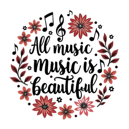 music beautiful flowers SVG PNG design with bold lettering, white and pink floral elements