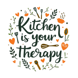 quotes kitchen therapy SVG PNG design with hand-drawn style, orange and green floral elements, an uplifting message