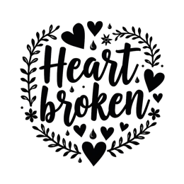 heart broken SVG PNG design with bold lettering, black and white floral elements