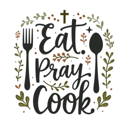 eat pray cook SVG PNG design with hand-drawn style, bold lettering, black and green floral elements