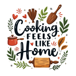 cooking home feeling SVG PNG design with hand-drawn style, bold lettering, white and orange floral elements