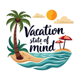 vacation state of mind SVG PNG design with bold lettering, red and green floral elements