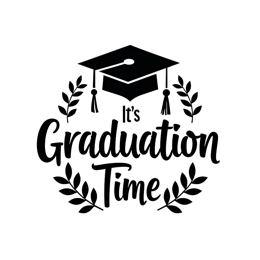 graduation time celebration SVG PNG design with bold lettering, black and white floral elements