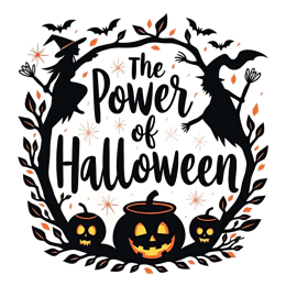 power witches pumpkins SVG PNG design with bold lettering, black and orange floral elements