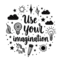 unicorn imagination flower SVG PNG design with bold lettering, black and white floral elements