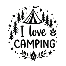 camping tent fire shirt SVG PNG design with bold lettering, black and white floral elements