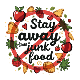 junkfood healthyliving SVG PNG design with bold lettering, red floral elements, an uplifting message