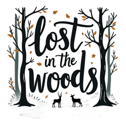 lost in the woods deer SVG PNG design with hand-drawn style, bold lettering, orange and red floral elements