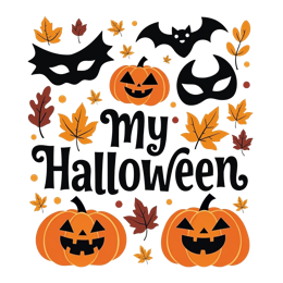 pumpkins masks SVG PNG design with bold lettering, black and orange floral elements