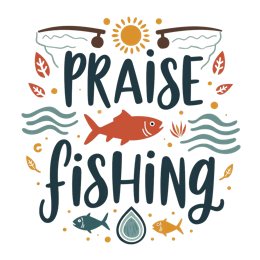 artistic fishing SVG PNG design with bold lettering, red and blue floral elements