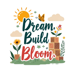 dream build bloom butterfly SVG PNG design with bold lettering, red and green floral elements, an uplifting message