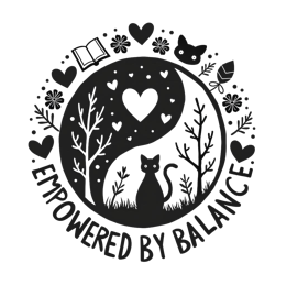 empowered by balance cat SVG PNG design with bold lettering, black and white floral elements
