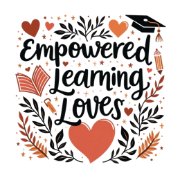 empowered learning loves SVG PNG design with bold lettering, black and orange floral elements, an uplifting message
