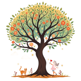 girl tree cat SVG PNG design with orange and red floral elements
