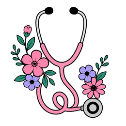 Pink stethoscope entwined with pink and purple flowers and green leaves, whimsical vector illustration