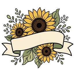 Sunflower bouquet with cream banner and green leaves, bold outlined illustration