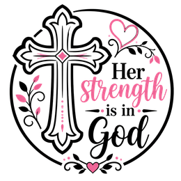 Circle design with cross and the words 'Her strength is in God' in pink script with floral accents.