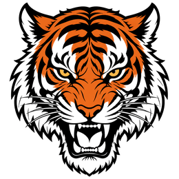 Graphic tiger head snarling with orange, white, and black fur and bared teeth.