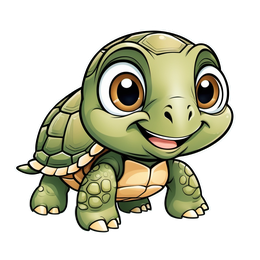 Cute green cartoon turtle with big eyes and friendly smile on blue background