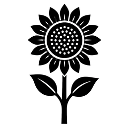Silhouette sunflower with dotted center and two leaves on a simple stem