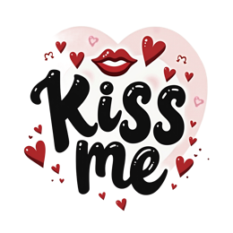 Kiss Me heart design with red lips and bold black text surrounded by small red hearts on white background