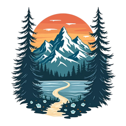 mountains sunset pathway SVG PNG design with orange and green floral elements