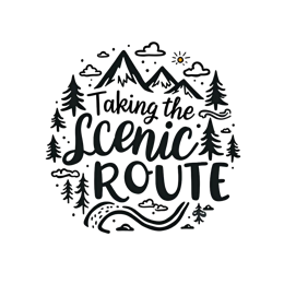 scenic route mountains trees SVG PNG design with hand-drawn style, bold lettering
