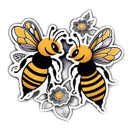 bees flowerstickers SVG PNG design with clean design elements, black and white floral elements