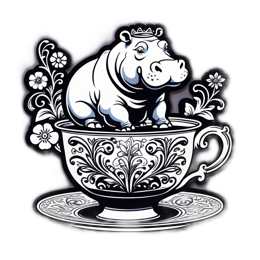 hippopotamus tea cup floral SVG PNG design with black and white floral elements