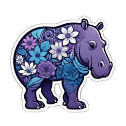 floral hippo SVG PNG design with white and blue floral elements