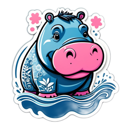 happy hippo sticker SVG PNG design with clean design elements, pink and blue floral elements