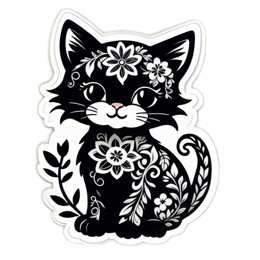 black cat flower sticker SVG PNG design with clean design elements, black and white floral elements