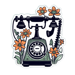 vintage telephone flowers floral SVG PNG design with clean design elements, orange and green floral elements