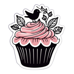 cupcake bird SVG PNG design with black and pink floral elements