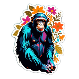 sticker chimpanzee flower SVG PNG design with clean design elements, orange and green floral elements