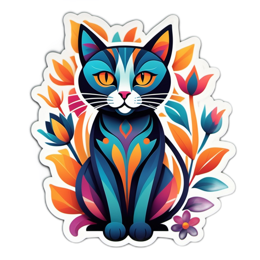 colorful cat floral SVG PNG design with clean design elements, orange and green floral elements